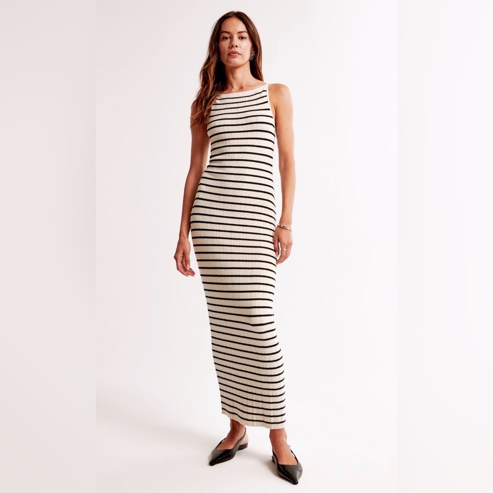 Abercrombie & Fitch High Neck Cream Stripe Ribbed Midi Sweater Dress L NWT